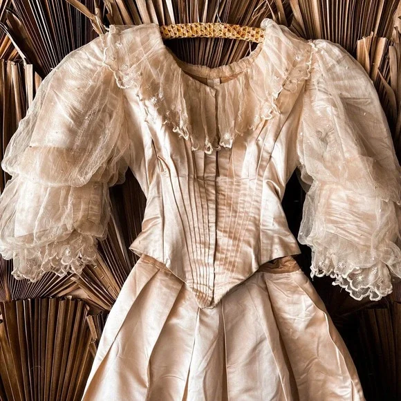 Antique 1830's Silk :Couture Wedding Gown Double Puff Sleeve Corset Bodice XXS - Picture 12 of 12